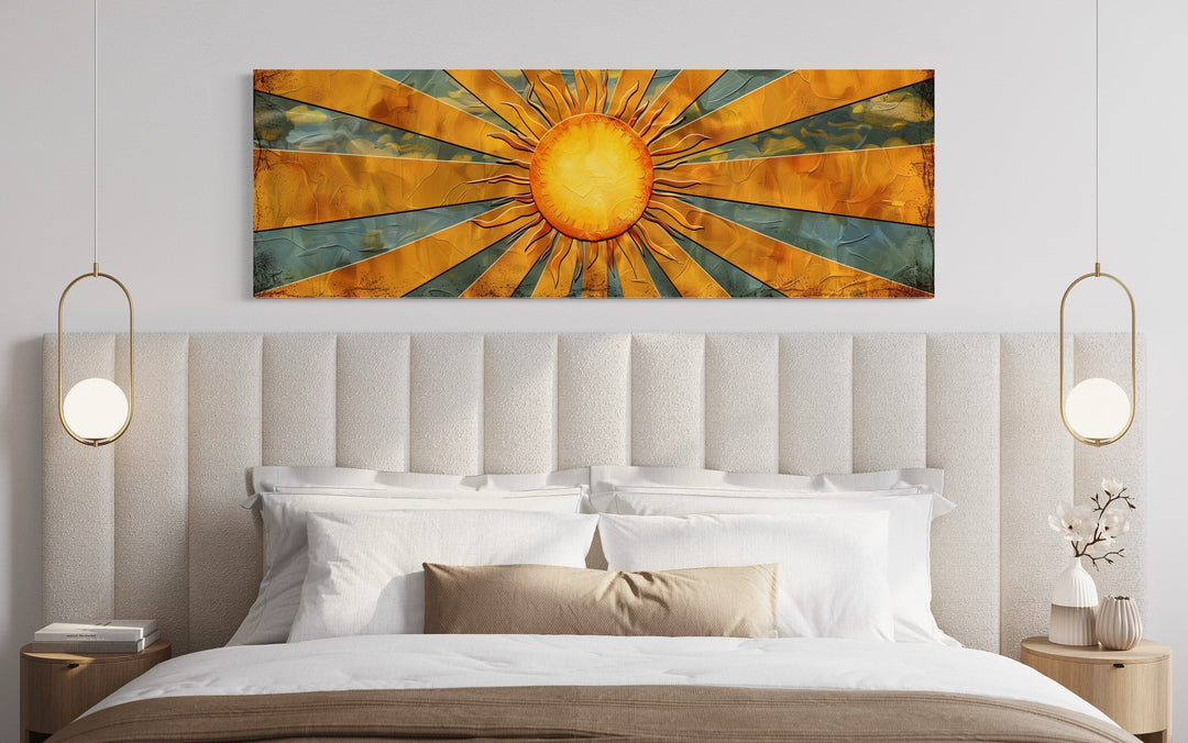Mid-century modern horizontal canvas wall art featuring a yellow sun with radiating rays.