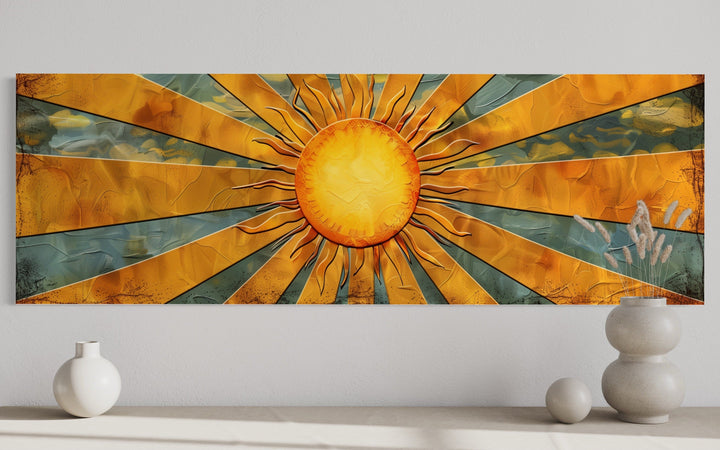 Mid-century modern horizontal canvas art featuring a yellow sun with radiating rays on a wall.