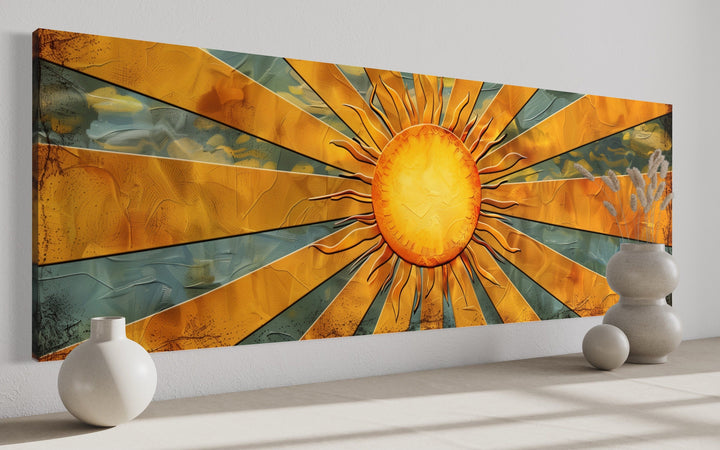 Mid-century modern horizontal canvas wall art featuring a vibrant yellow sun with radiating rays.