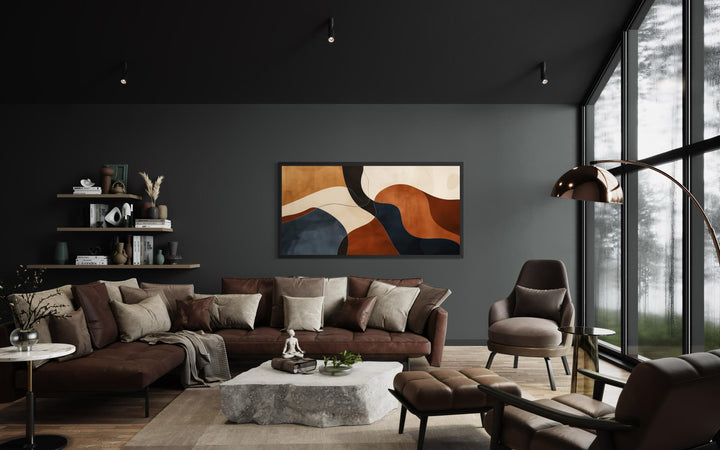 Mid Century abstract canvas print featuring curved shapes in brown, beige, and navy earth tones.