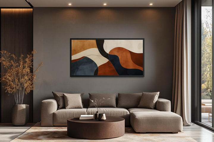 Mid Century abstract canvas print featuring curved blocks in earth tones above a modern sofa.
