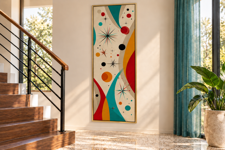 Vertical mid century modern canvas print with retro geometric shapes and starbursts in a gold frame