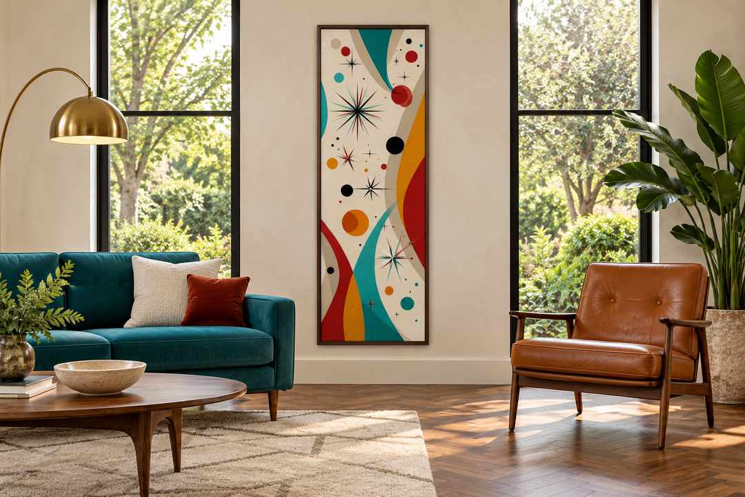 Vertical narrow canvas print with mid-century modern retro geometric shapes and atomic starbursts.