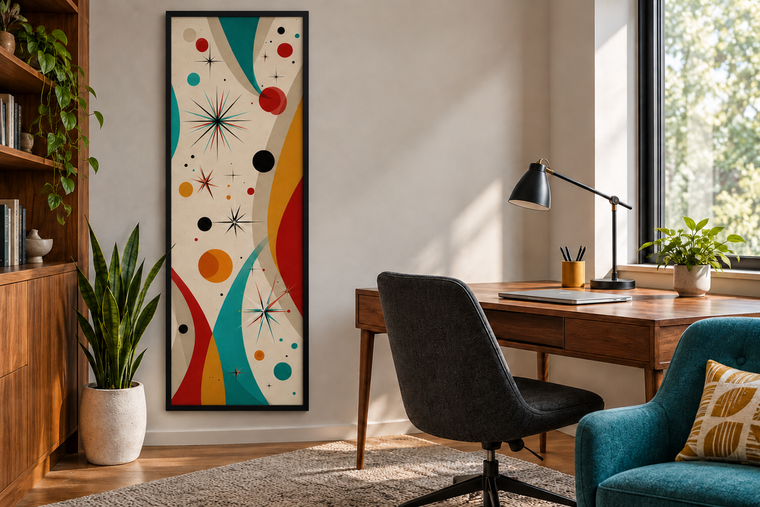 Vertical narrow canvas print with mid-century modern retro geometric shapes in a home office.
