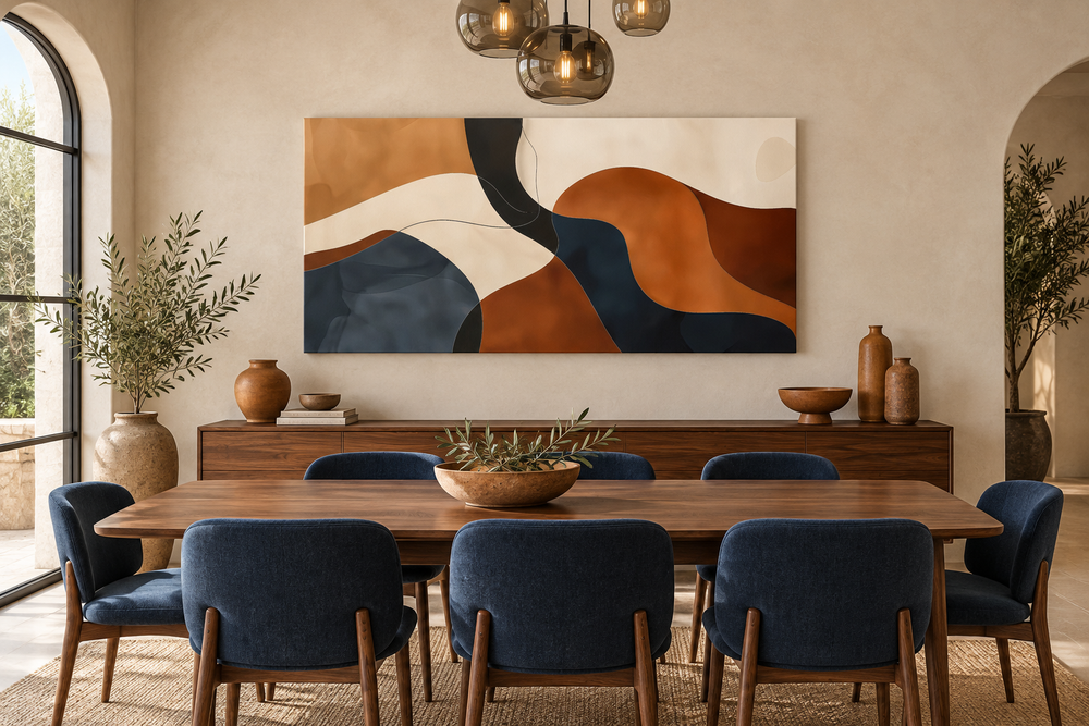 Large horizontal abstract canvas print with earth tones in a mid-century modern dining room.
