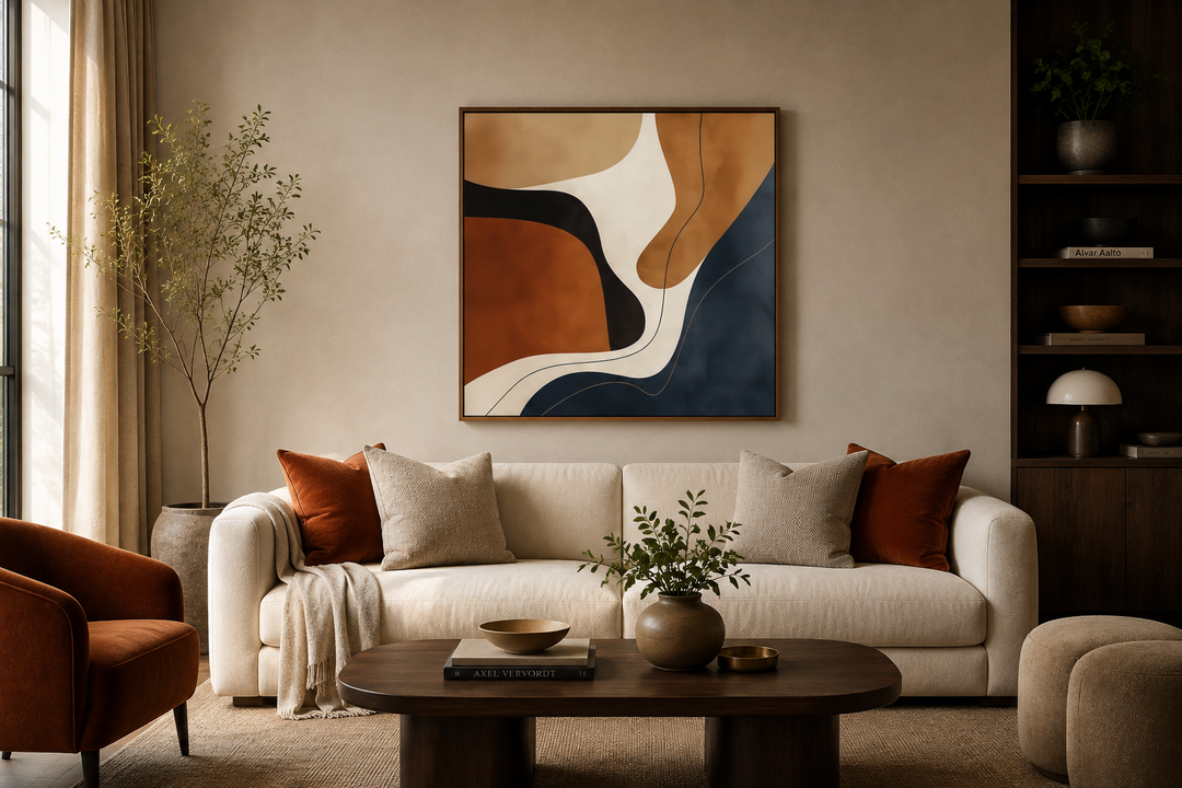 Square abstract canvas art with navy, rust, and beige organic shapes above a modern cream sofa.