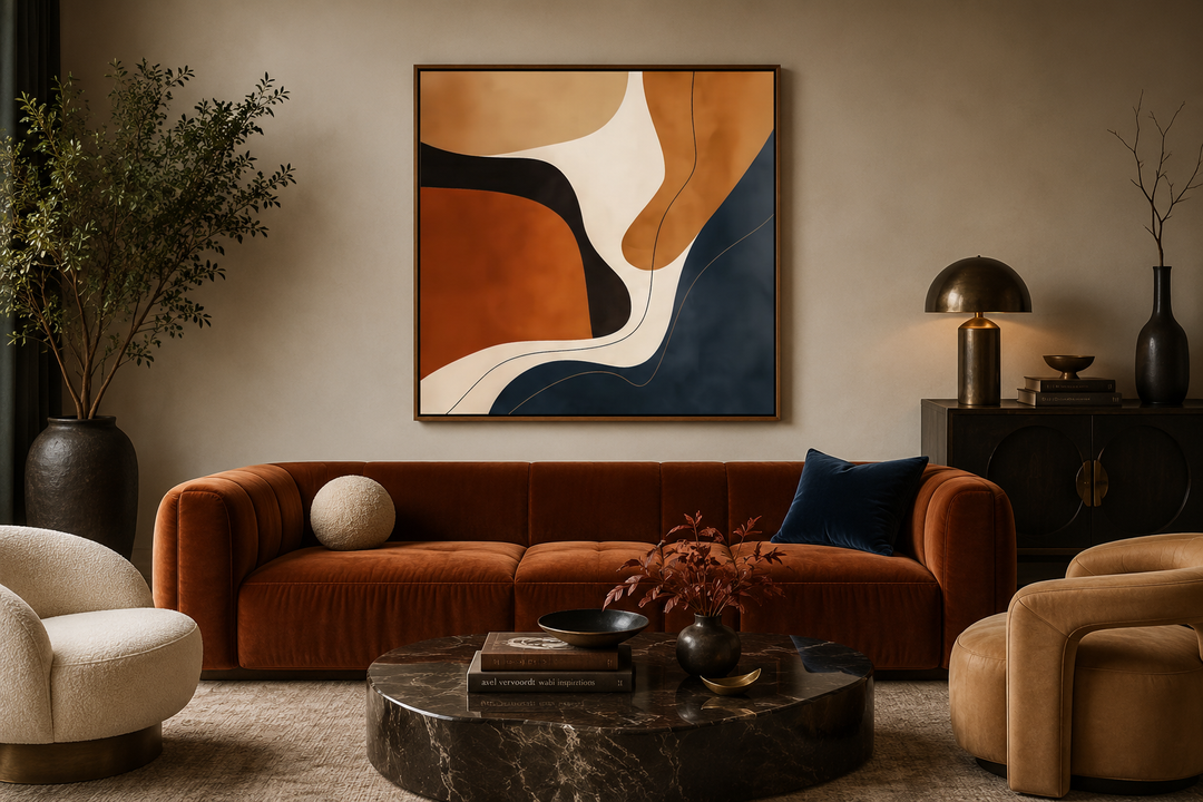 Mid Century Modern abstract square canvas wall art with organic shapes in navy and earth tones.