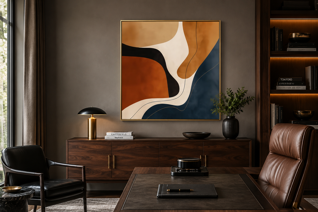 Mid Century Modern abstract square canvas wall art with organic shapes in navy and earth tones.