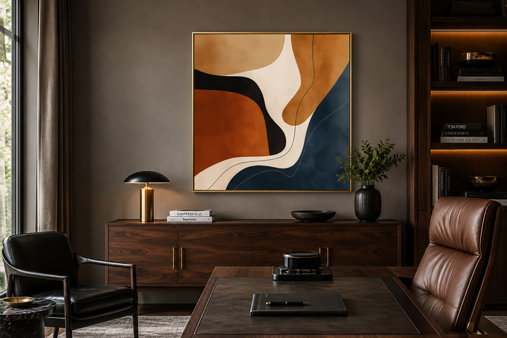 Mid Century Modern abstract square canvas wall art with organic shapes in navy and earth tones.