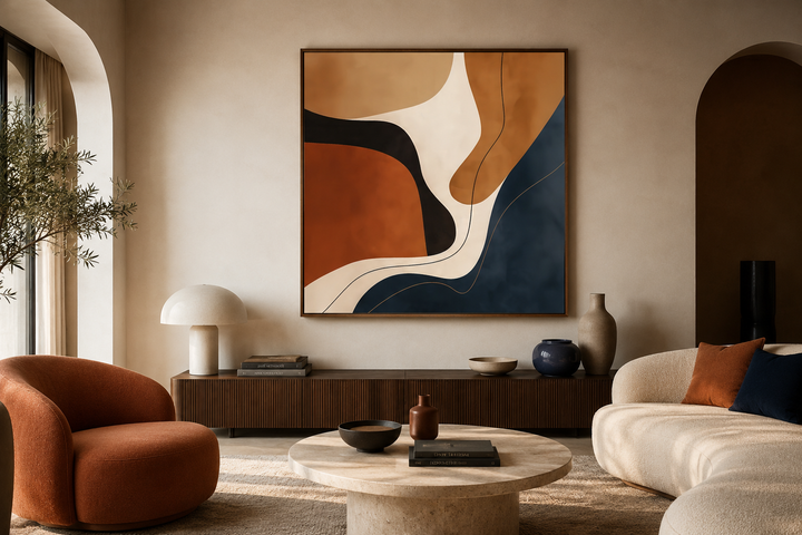Square abstract canvas art with organic navy, rust, and beige shapes in a modern living room.
