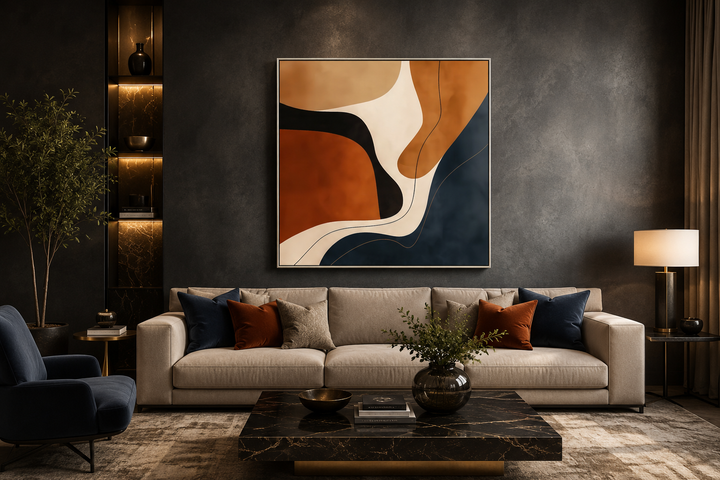 Square abstract canvas art with organic shapes in navy, rust, and cream above a modern sofa.