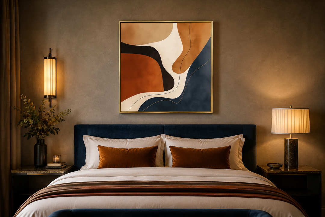 Square abstract canvas art with navy and earth-toned organic shapes above a bed in a modern room.