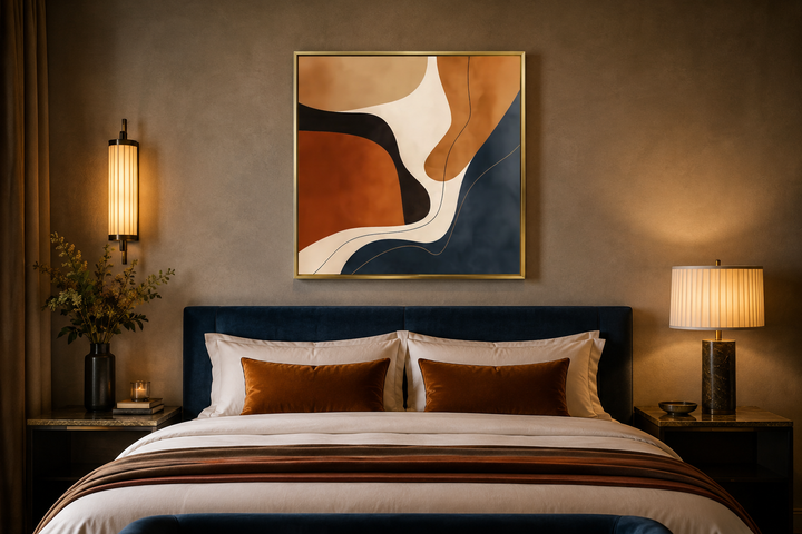 Square abstract canvas art with navy and earth-toned organic shapes above a bed in a modern room.