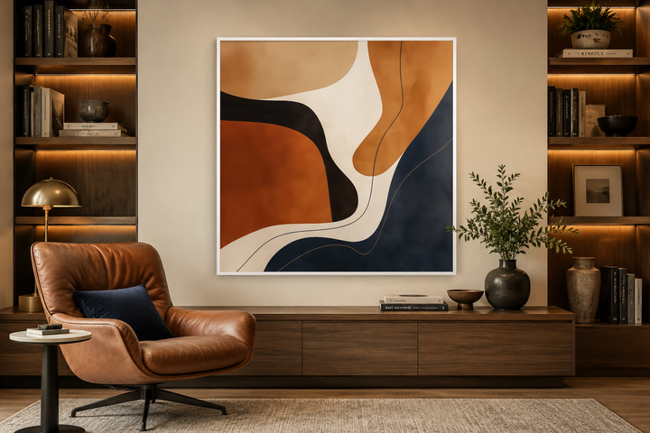 Mid Century Modern abstract square canvas wall art with organic shapes in navy and earth tones.