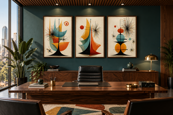 Set of 3 mid-century modern abstract prints with atomic geometric shapes in a dark office setting.