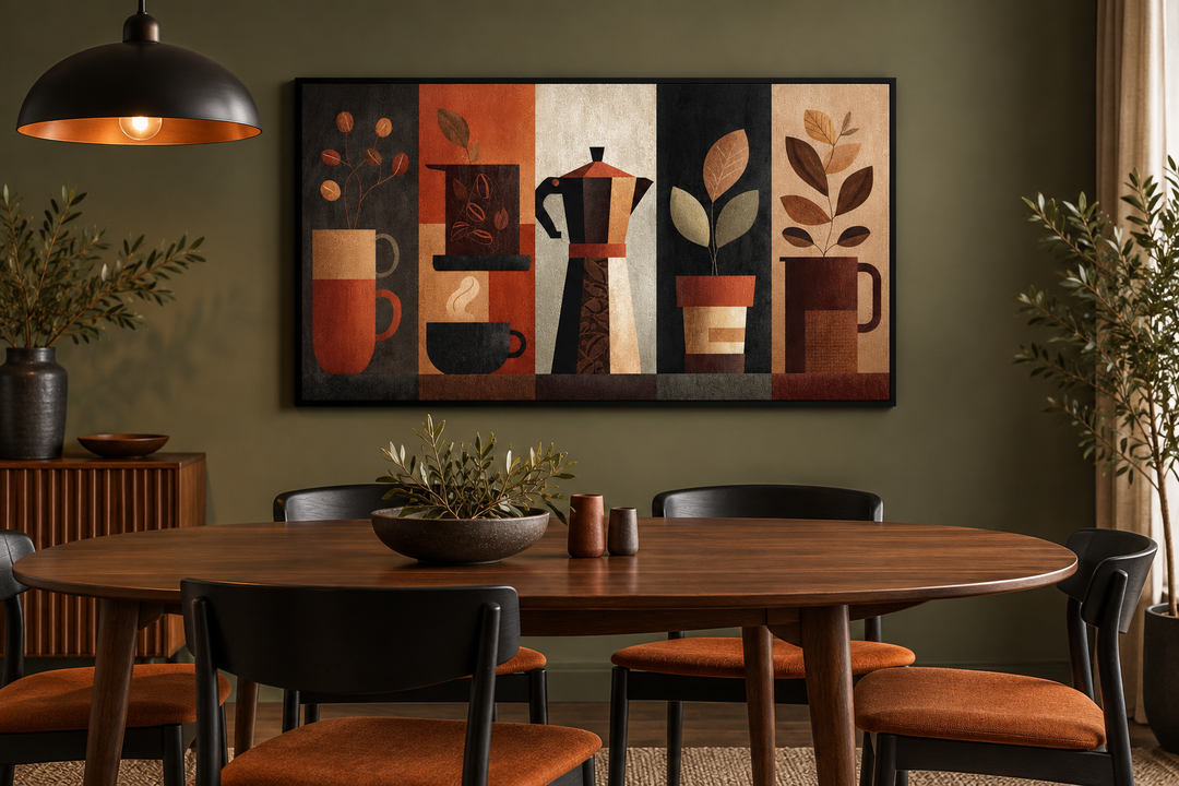 Mid-century modern coffee wall art featuring mugs, a moka pot, and plants in a dining room setting.