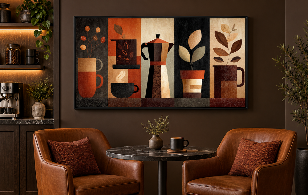Mid-century modern coffee wall art with mugs, carafes, and plants in warm retro tones on canvas.