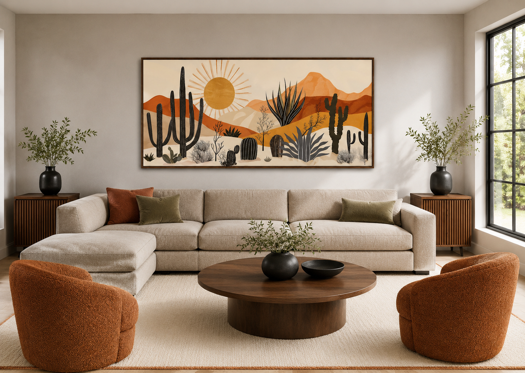 Mid-century modern desert cactus framed canvas wall art in a neutral Southwestern living room.