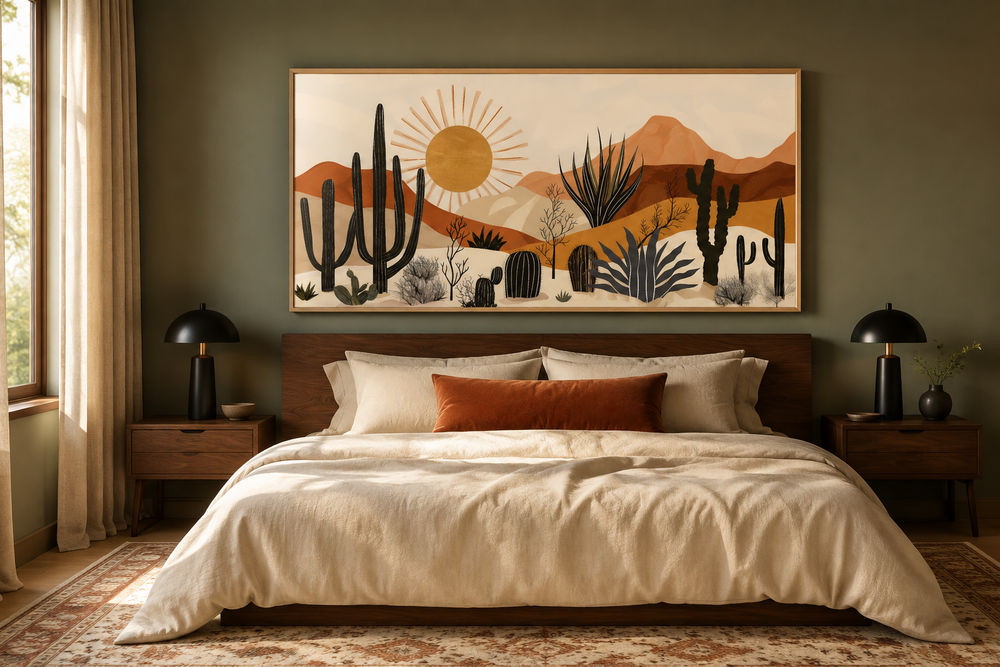 Mid-century modern framed canvas art of a desert landscape with cacti and sun above a bed.