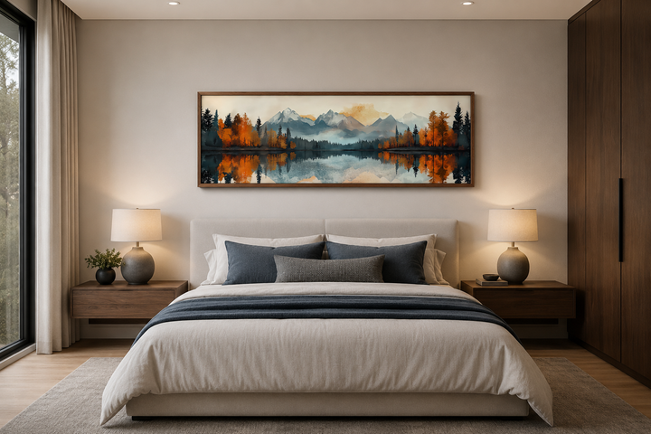 Mid-century modern landscape wall art with mountain reflections above a bed in a neutral bedroom.