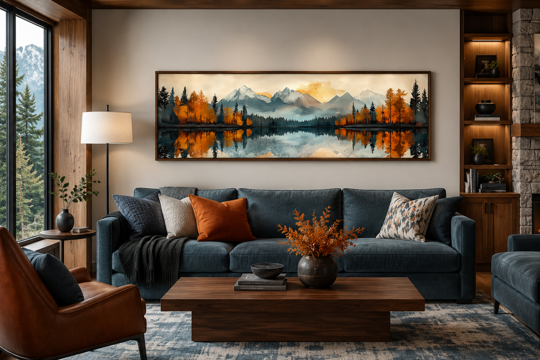Long narrow canvas wall art of a mid-century modern mountain lake landscape above a blue sofa.