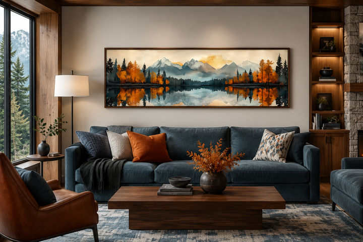 Long narrow canvas wall art of a mid-century modern mountain lake landscape above a blue sofa.