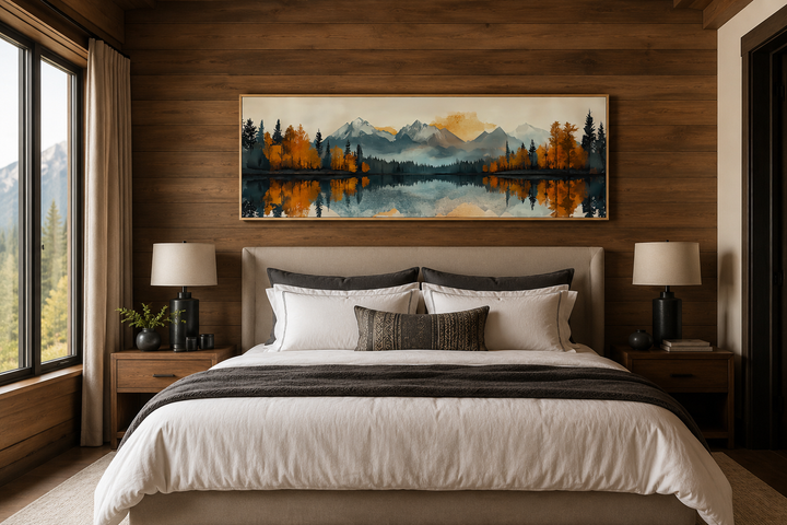 Long narrow canvas wall art of a mountain lake landscape above a bed in a wood-paneled bedroom.