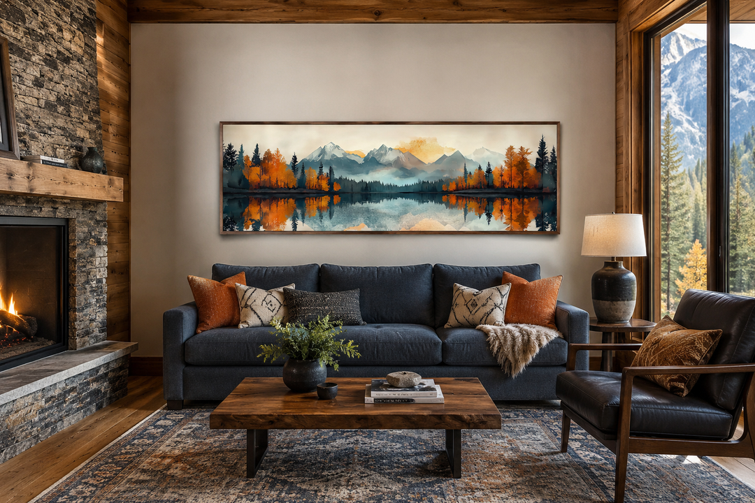 Long narrow canvas art of a mid-century modern lake landscape with mountains above a blue sofa.