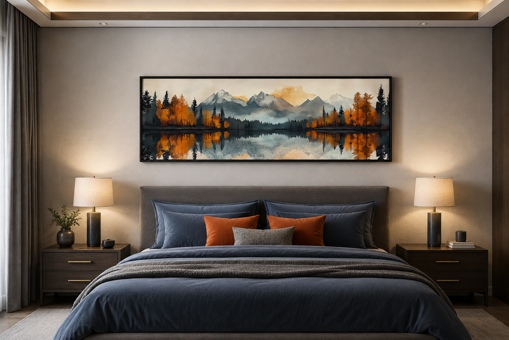 Long narrow canvas art of a mountain lake landscape hanging above a bed in a modern bedroom.