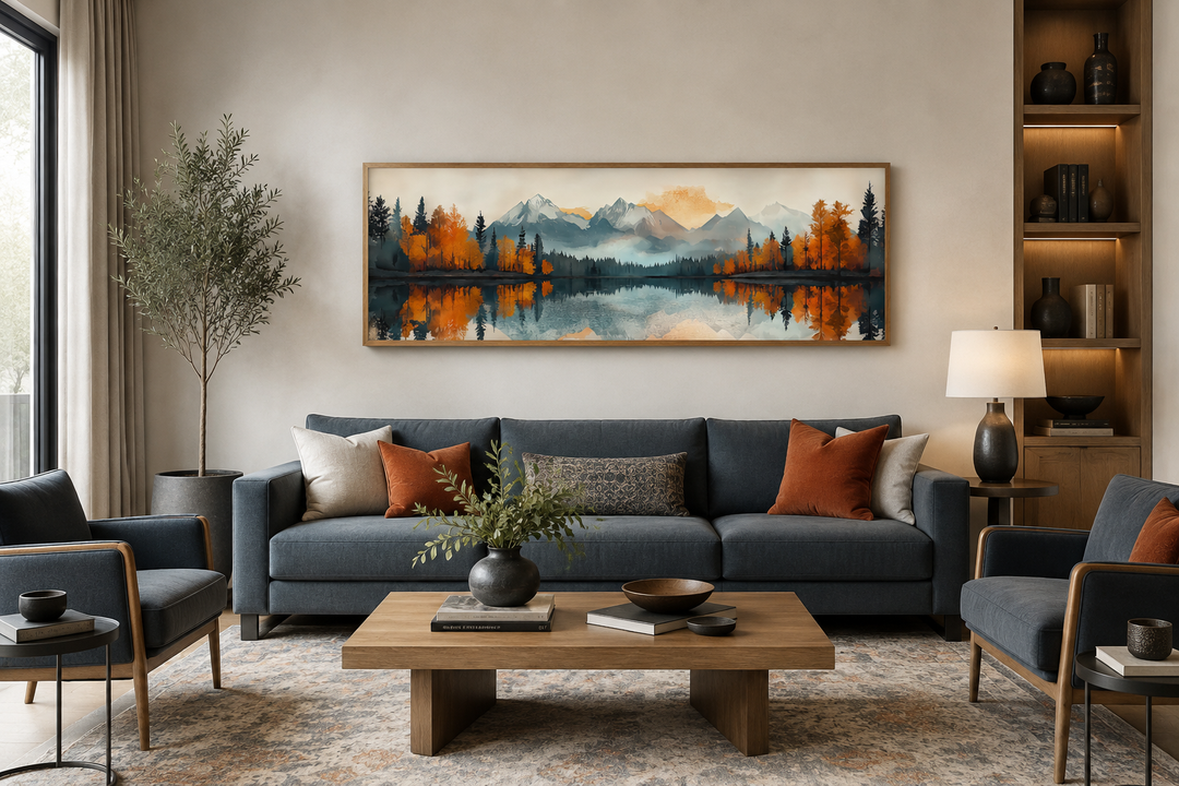 Mid-century modern long narrow wall art of a mountain lake landscape above a blue sofa.