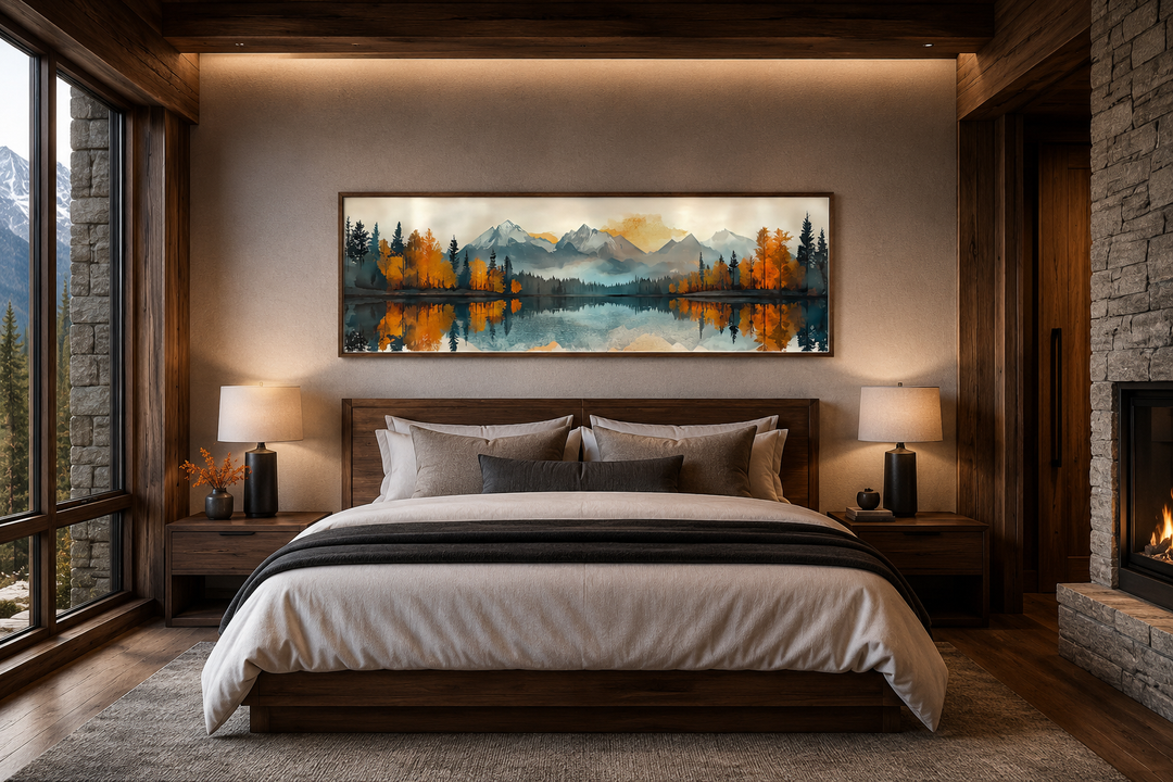 Long narrow landscape wall art of mountains and lake reflection above a bed in a rustic bedroom.