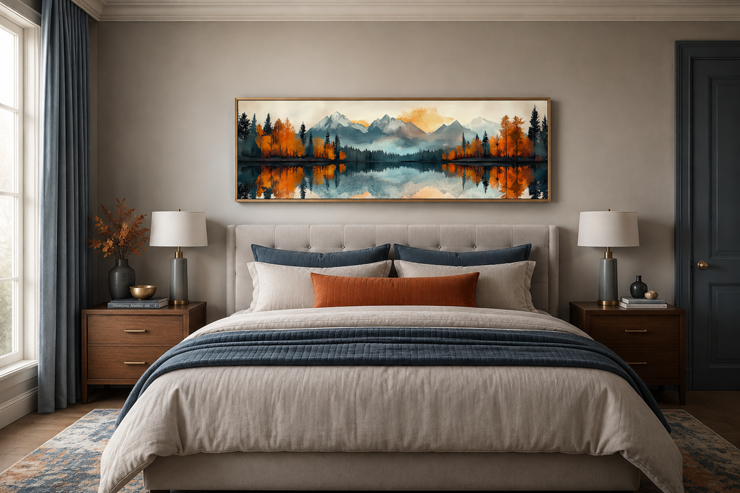 Mid-century modern long narrow wall art of a mountain lake landscape above a bed.