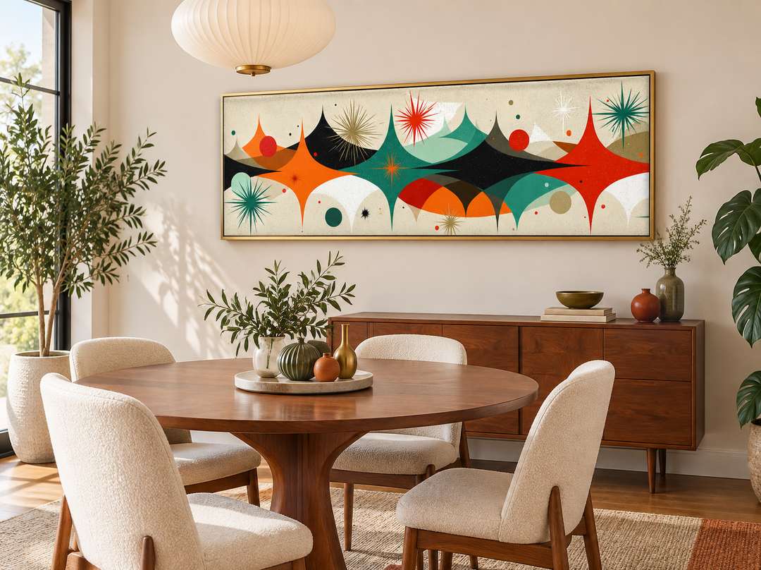 Long horizontal canvas print with atomic starburst design in a mid-century modern dining room.