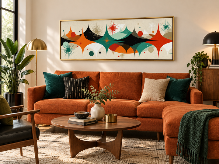 Long horizontal canvas print with atomic starburst design in a mid-century modern living room.