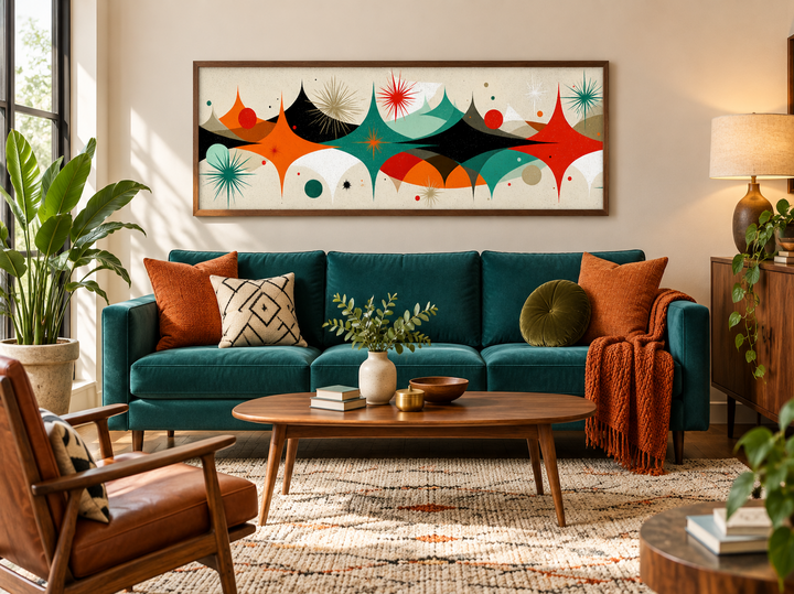 Long horizontal canvas print with atomic starburst and geometric designs above a teal sofa.