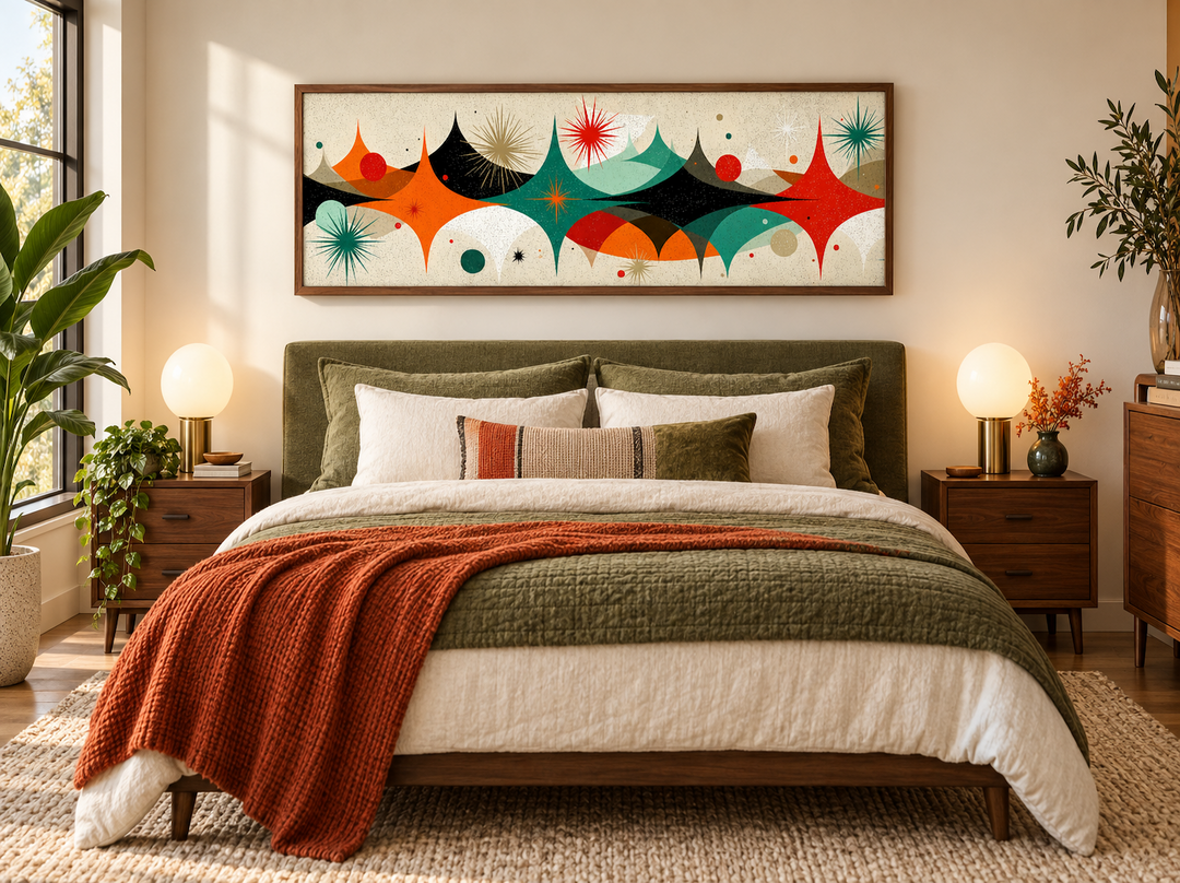 Long horizontal canvas print with atomic starburst design above a mid-century modern bed.