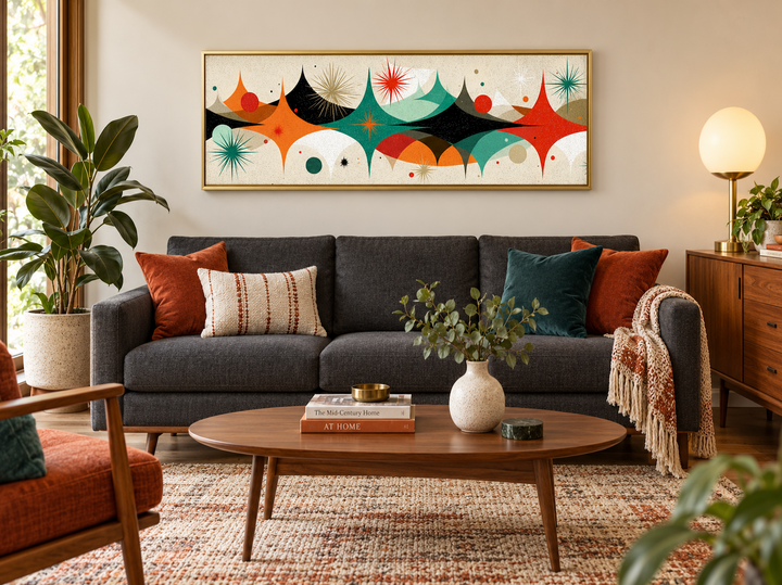 Long horizontal canvas print with atomic starburst design above a mid-century modern sofa.