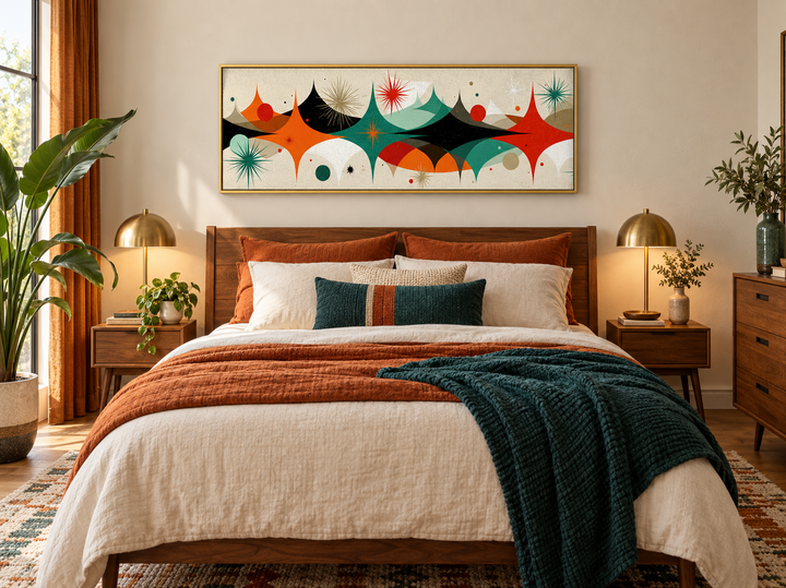 Long horizontal canvas print with atomic starburst design in a mid-century modern bedroom.
