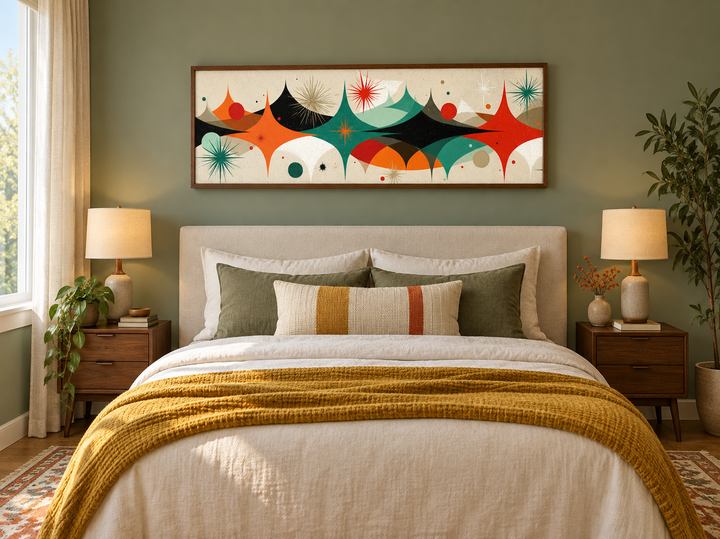 Long horizontal canvas print with mid-century modern atomic starburst design above a bed.