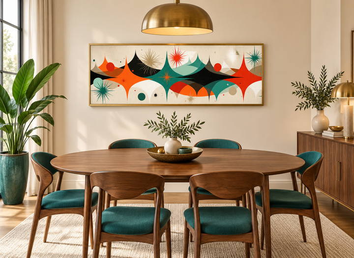 Long horizontal canvas print with atomic starburst design in a mid-century modern dining room.