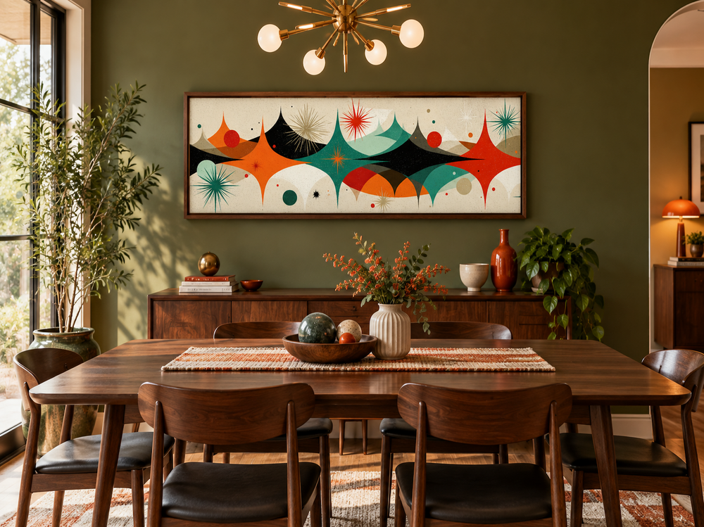 Long horizontal canvas print with atomic starburst design in a mid-century modern dining room.
