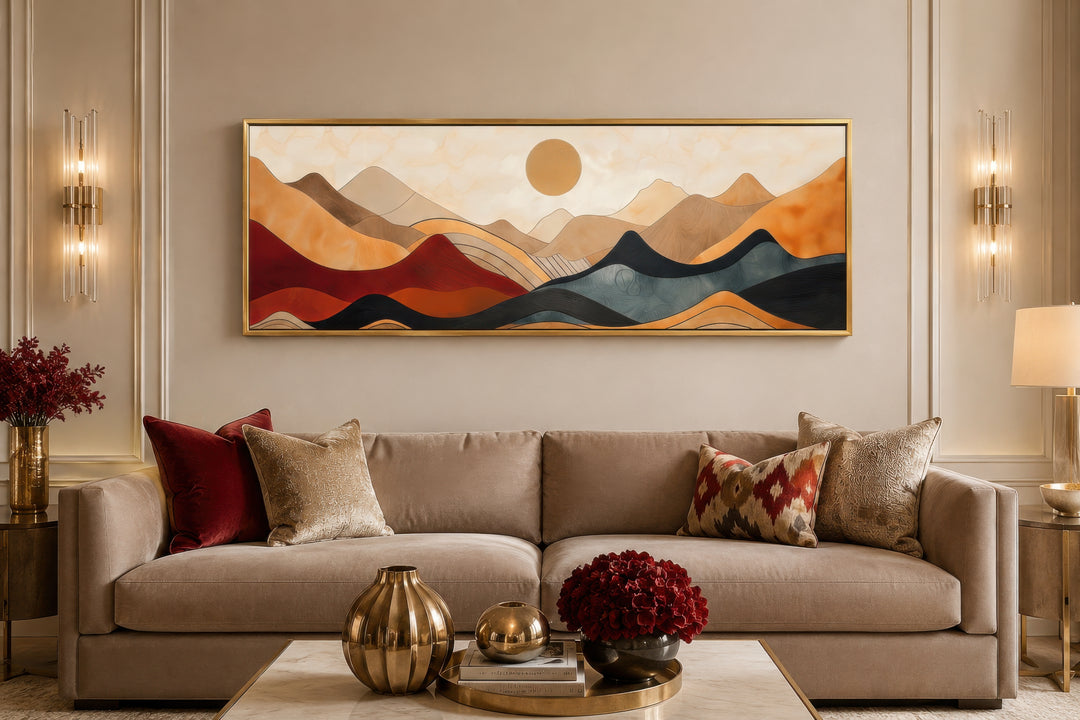 Long horizontal mid-century modern canvas wall art featuring a stylized mountain landscape.