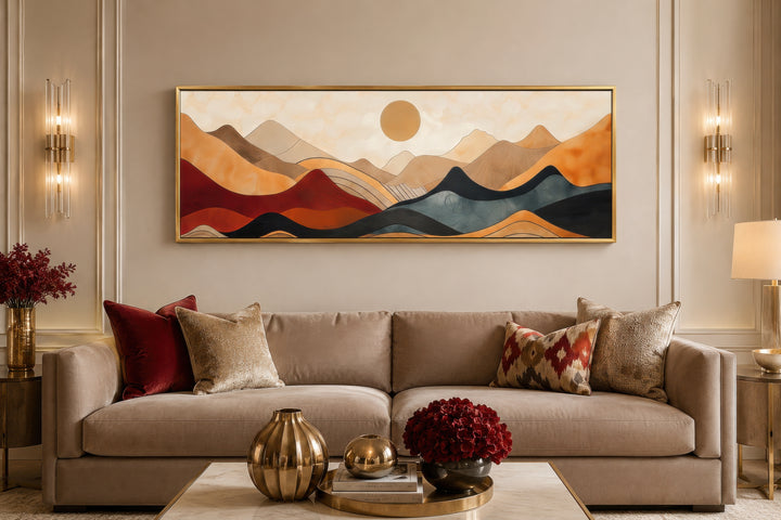 Long horizontal mid-century modern canvas wall art featuring a stylized mountain landscape.