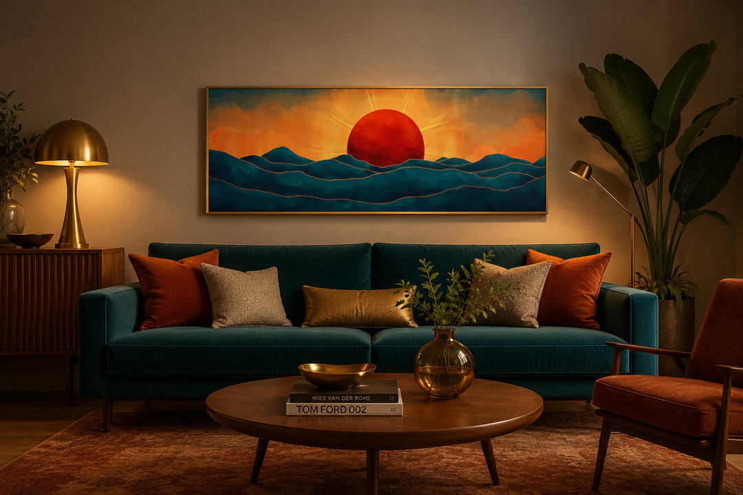 Panoramic mid-century modern wall art of a red sun setting over navy blue ocean waves.