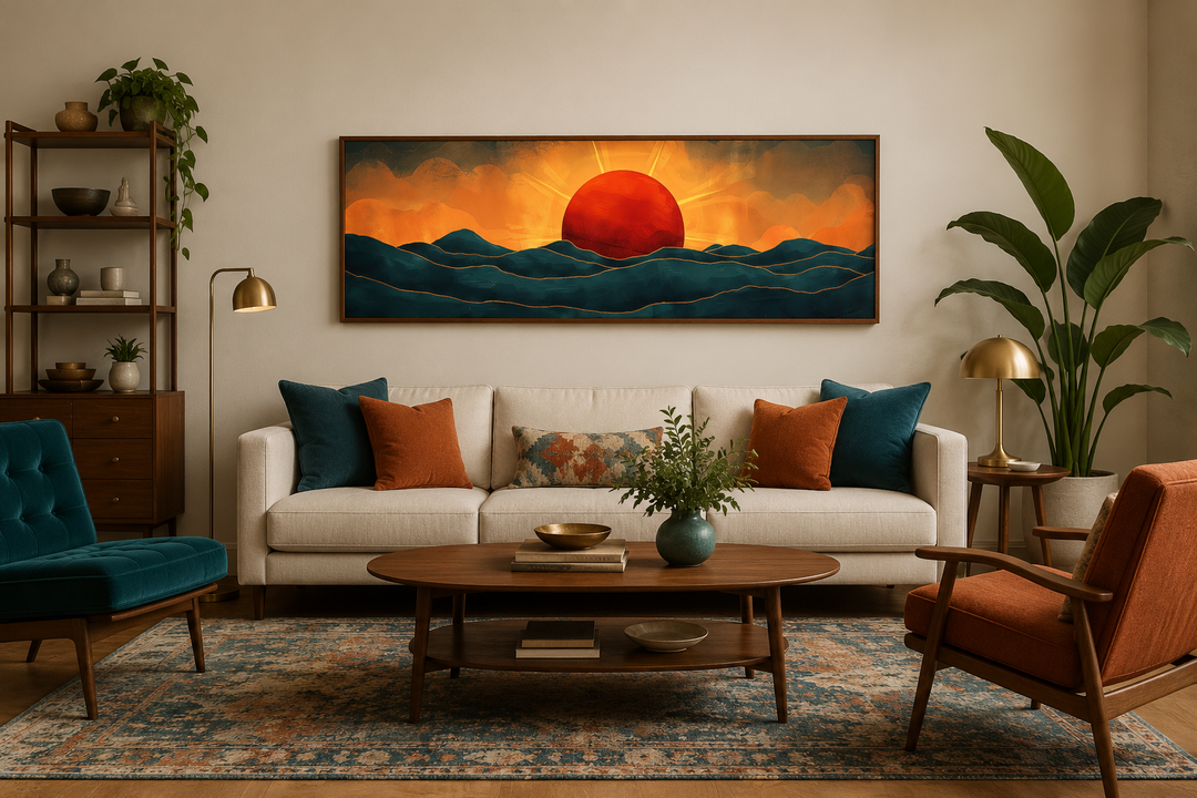 Panoramic mid-century modern wall art of an orange sun setting over deep navy ocean waves.