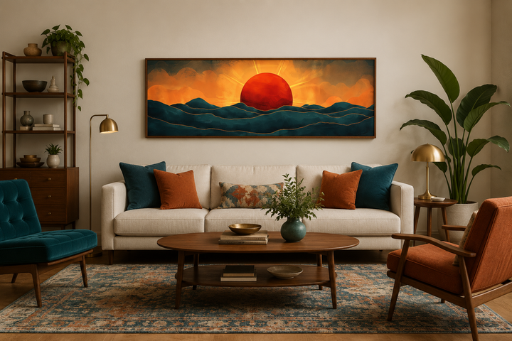 Panoramic mid-century modern wall art of an orange sun setting over deep navy ocean waves.