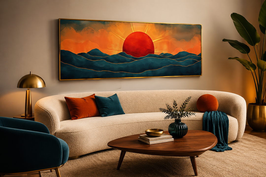 Panoramic mid-century modern wall art of a red sun setting over navy blue ocean waves.