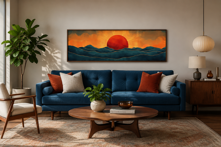 Panoramic mid-century modern wall art of an orange sun setting over deep navy ocean waves.