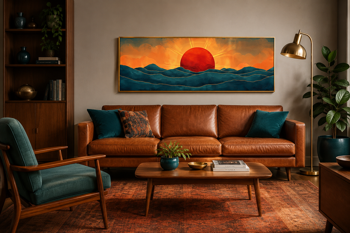 Panoramic mid-century modern wall art of a red sun setting over navy blue ocean waves.