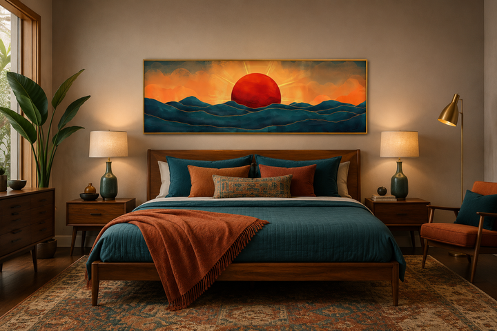 Panoramic mid-century modern wall art of a red sun setting over navy blue ocean waves above a bed.